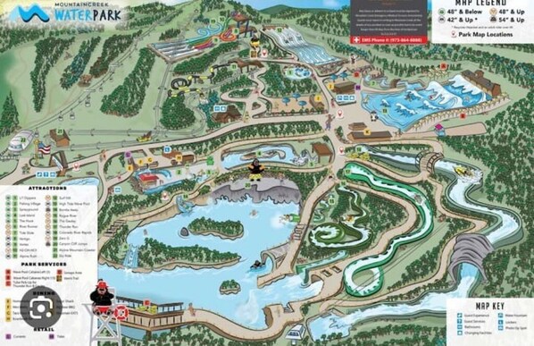 A detailed map of a water park with attractions, services, and a key for map locations. - ✨Cozy Mountain View Condo🏔️⭐️⭐️⭐️⭐️⭐️ (Vernon Township)
