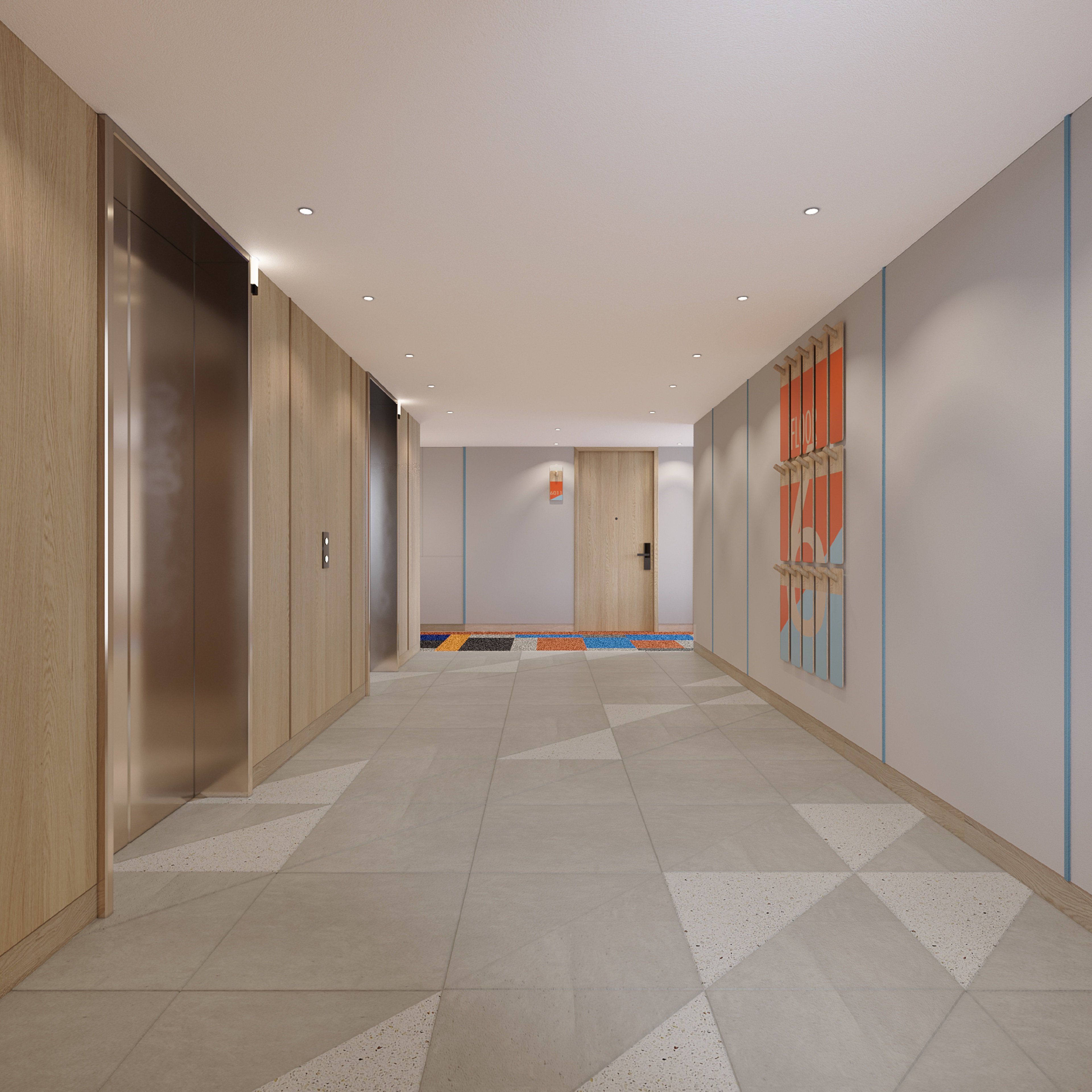 A hallway with a tiled floor, wooden doors, and a door with a colorful design.