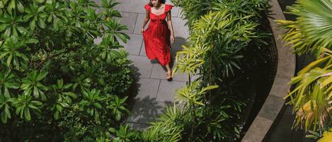 A curved pathway surrounded by lush greenery, leading to a building entrance.