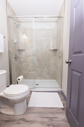 Shower, towels, soap, shampoo