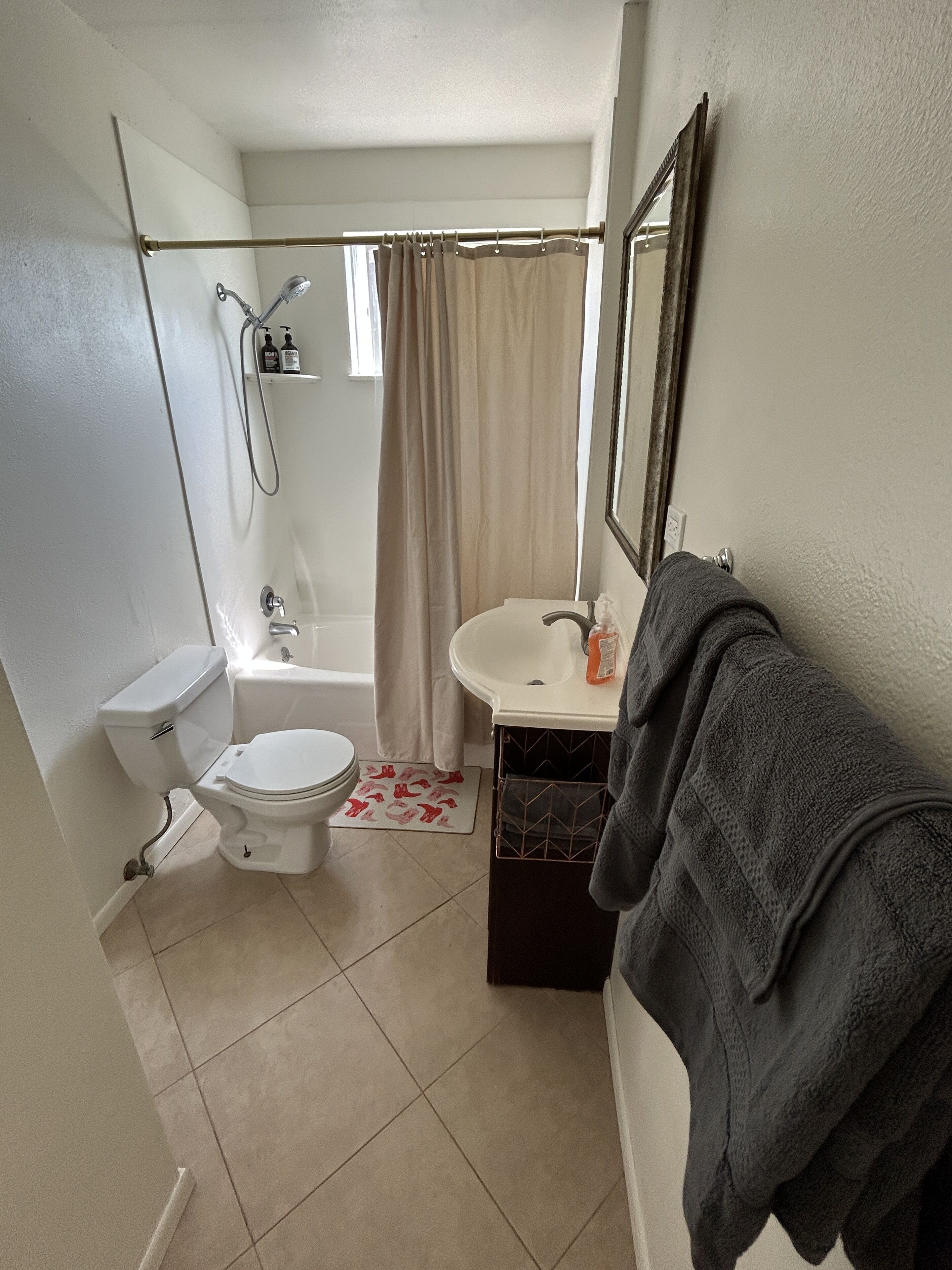 Une salle de bain équipée de toilettes, d’un lavabo et d’une douche.