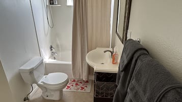 Une salle de bain équipée de toilettes, d’un lavabo et d’une douche.