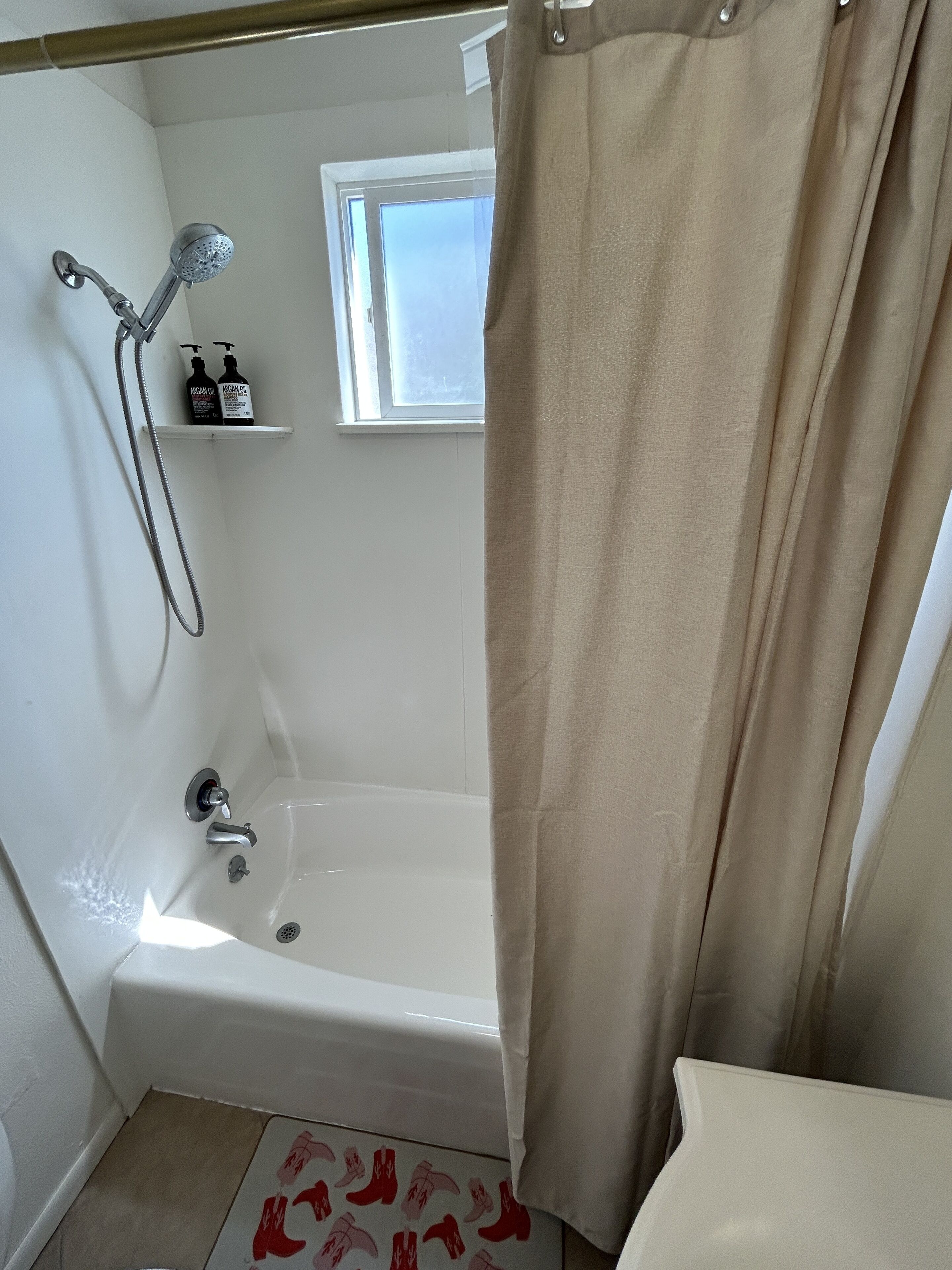 Hair dryer, towels, soap, shampoo