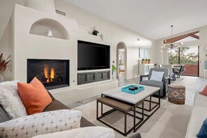 Smart TV, fireplace, books