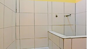 Een kleine betegelde badkamer met een squattoilet en een douchehoek.