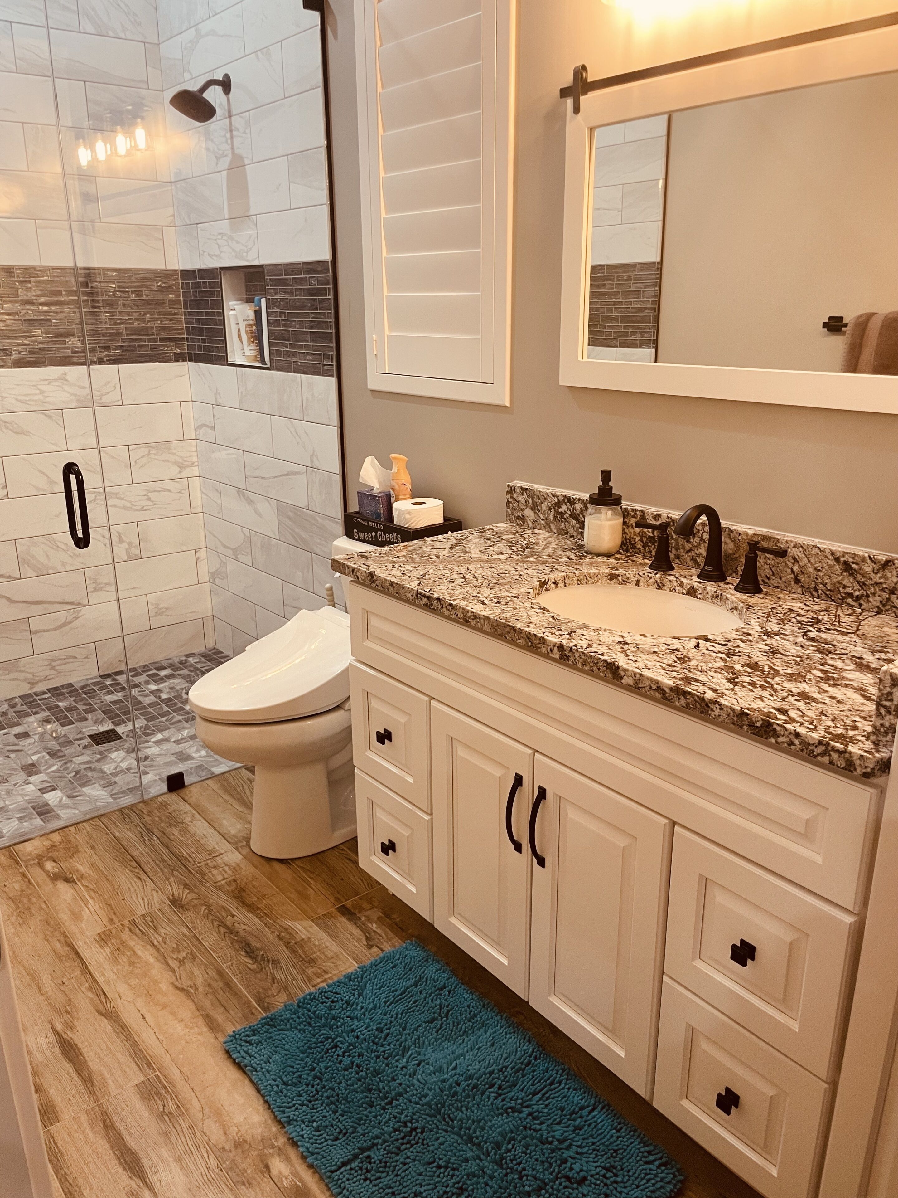 Shower, hair dryer, bidet, towels