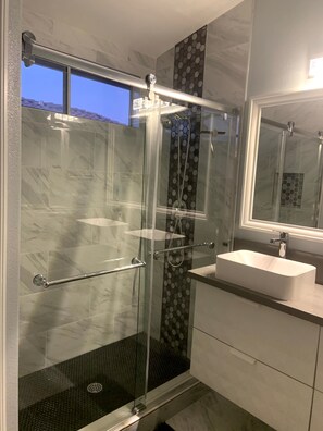 Eco-friendly toiletries, hair dryer, towels, soap