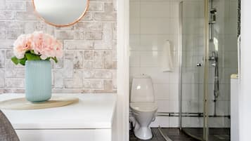 Hair dryer, towels, soap, toilet paper