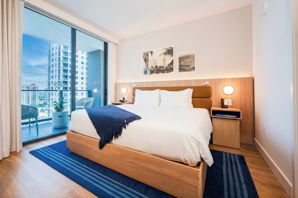 Une chambre d’hôtel moderne dotée d’un grand lit, d’une table de chevet, d’une commode, d’une fenêtre donnant sur la ville et d’une œuvre d’art accrochée au mur.