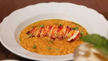 Un tazón blanco con una cola de langosta sobre una sopa cremosa anaranjada, adornado con hierbas verdes.