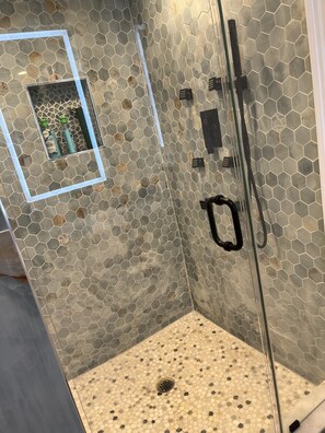 Hair dryer, towels, soap, shampoo