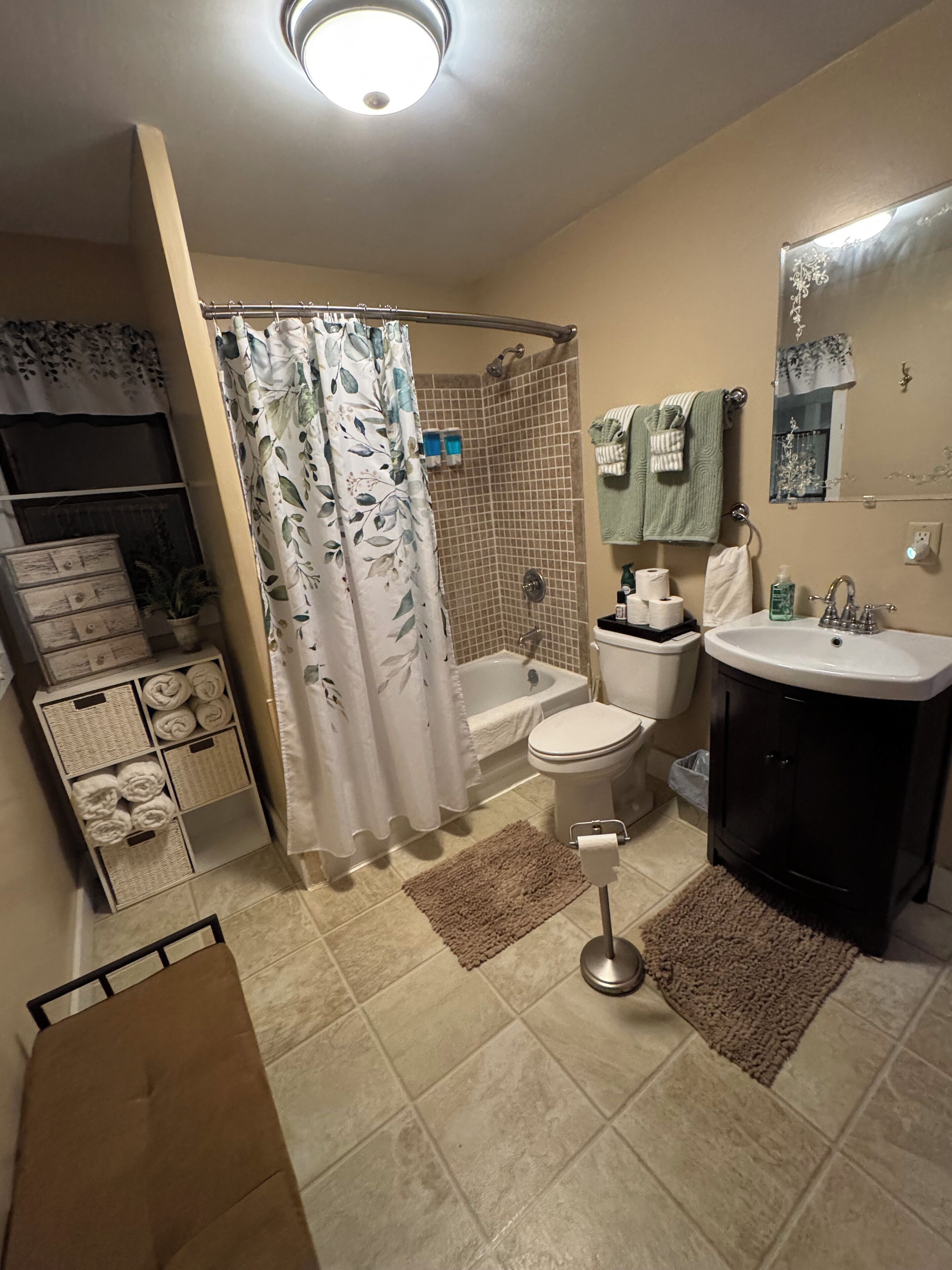 Hair dryer, towels, soap, shampoo