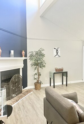 Smart TV, chimenea y libros 