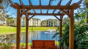 A wooden pergola with a bench, a pond, and a fountain in the background. - Theme Park Paradise! (Kissimmee)