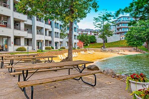 Outdoor dining - Waterfront condo with resort amenities, grill, firepit, jetted tub, & partial AC (Wisconsin Dells)