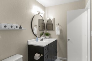 Hair dryer, towels, soap, shampoo