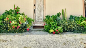 A building with a thatched-roof structure, a decorative wooden door, and a variety of plants including cacti and flowering plants. - Charming & Luxurious Casita by the Sea! (Puerto Nuevo)