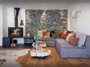 Télévision, cheminée, chaîne hi-fi