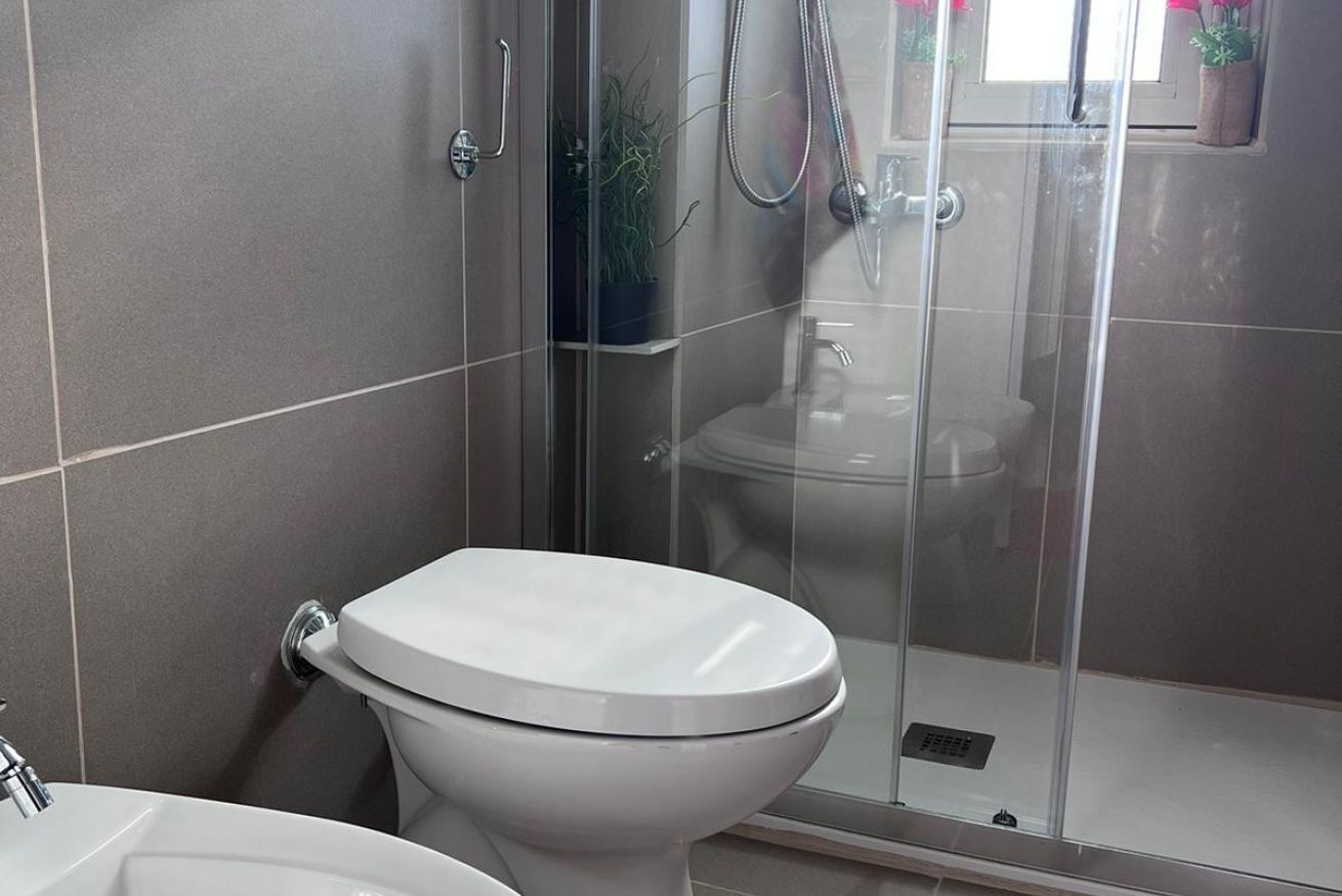 Une salle de bain moderne avec des toilettes, une douche en verre et une plante en pot.