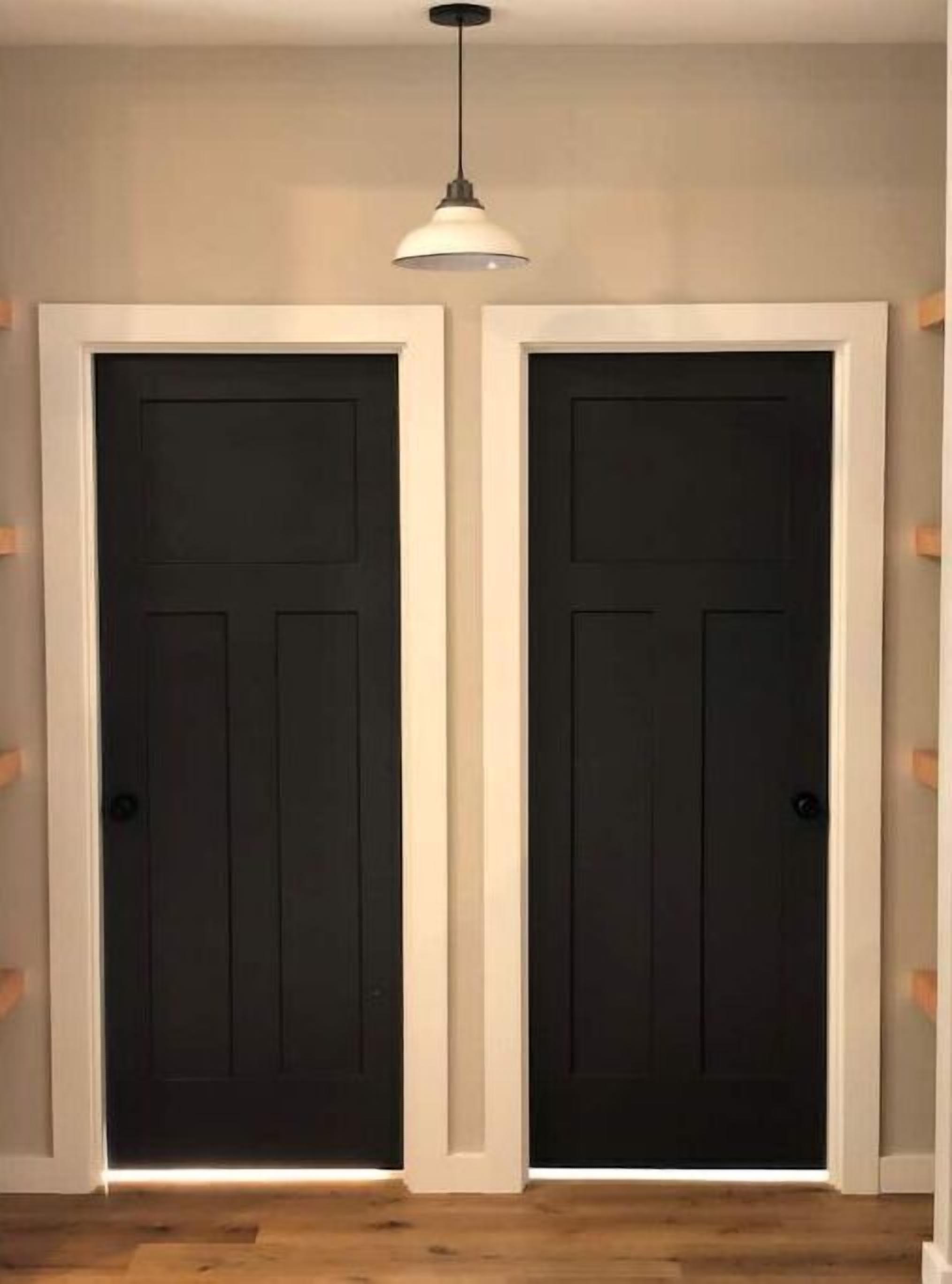 A hallway with two black doors, a white trim, and a hanging pendant light.