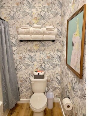 Hair dryer, towels, soap, shampoo