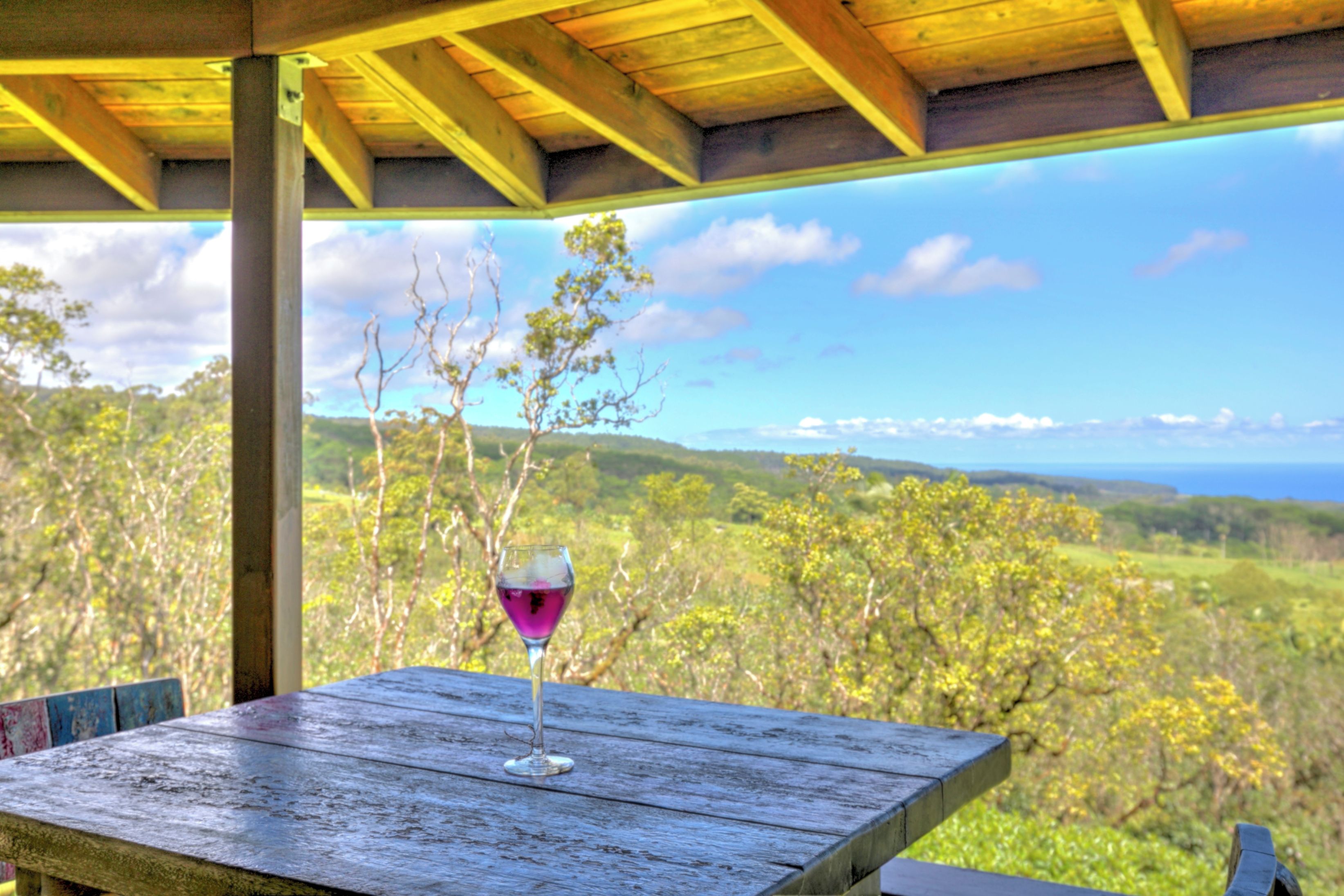 Uma mesa de madeira com um copo de bebida roxa, com vista para uma paisagem com árvores e horizonte distante.