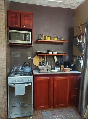 Fridge, microwave, toaster, cookware/dishes/utensils