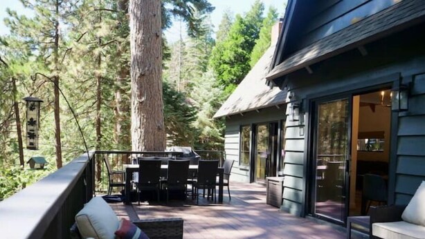 Eine Terrasse mit Gartenmöbeln, einem Esstisch und Stühlen, umgeben von hohen Bäumen.