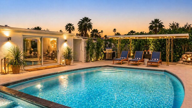 Una piscina con lettini, un patio coperto e una casa con porte in vetro.