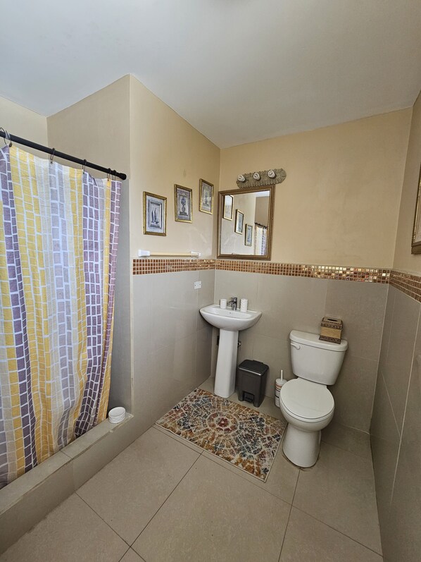 A bathroom with a shower curtain, sink, toilet, and a small trash bin. - Affordable Ariyana sleeps 10 in Tobago Plantations (Lowlands)