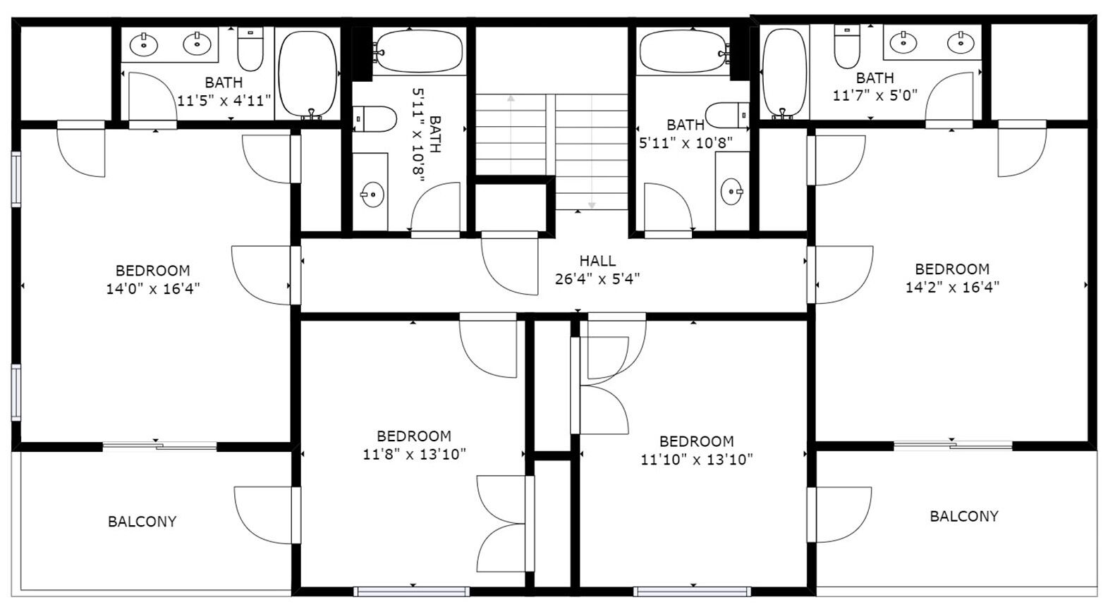 Een plattegrond van een hotel met drie slaapkamers, twee badkamers, een balkon en een hal.