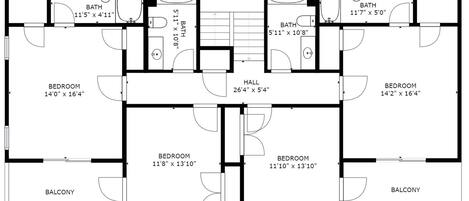 Een plattegrond van een hotel met drie slaapkamers, twee badkamers, een balkon en een hal.