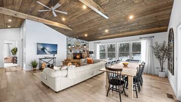 TV, fireplace, books