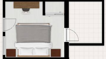 A bedroom with a bed, a bedside table, a nightstand, and a window.