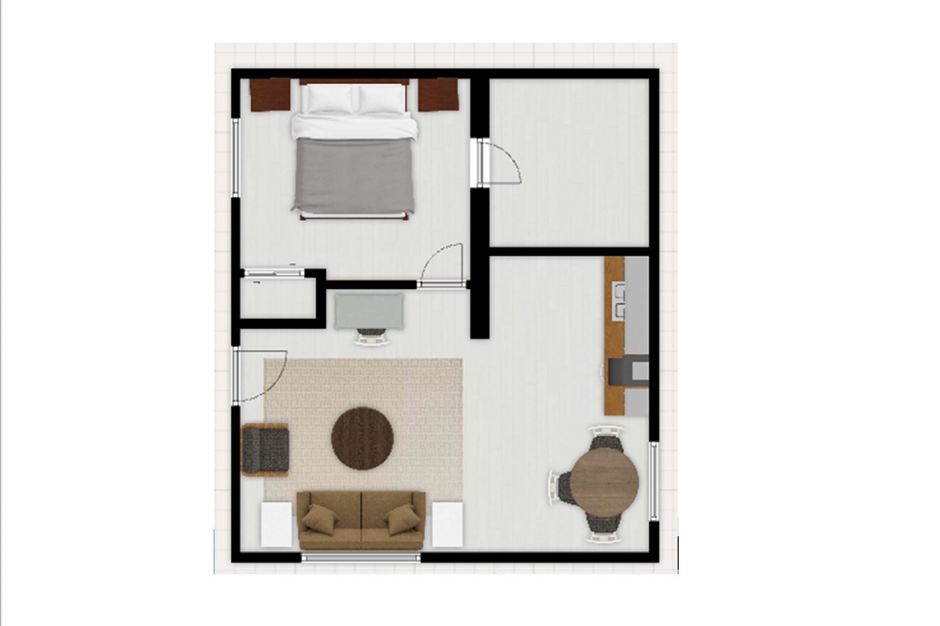 A hotel room layout with a bed, a desk, a chair, a sofa, and a dining table.