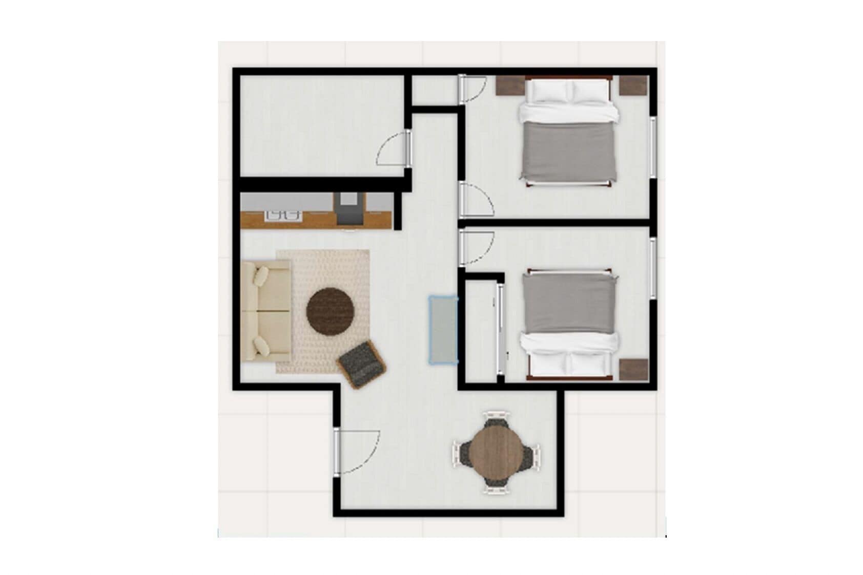 A floor plan of a hotel room with a bed, a seating area with a table, and a small kitchenette.