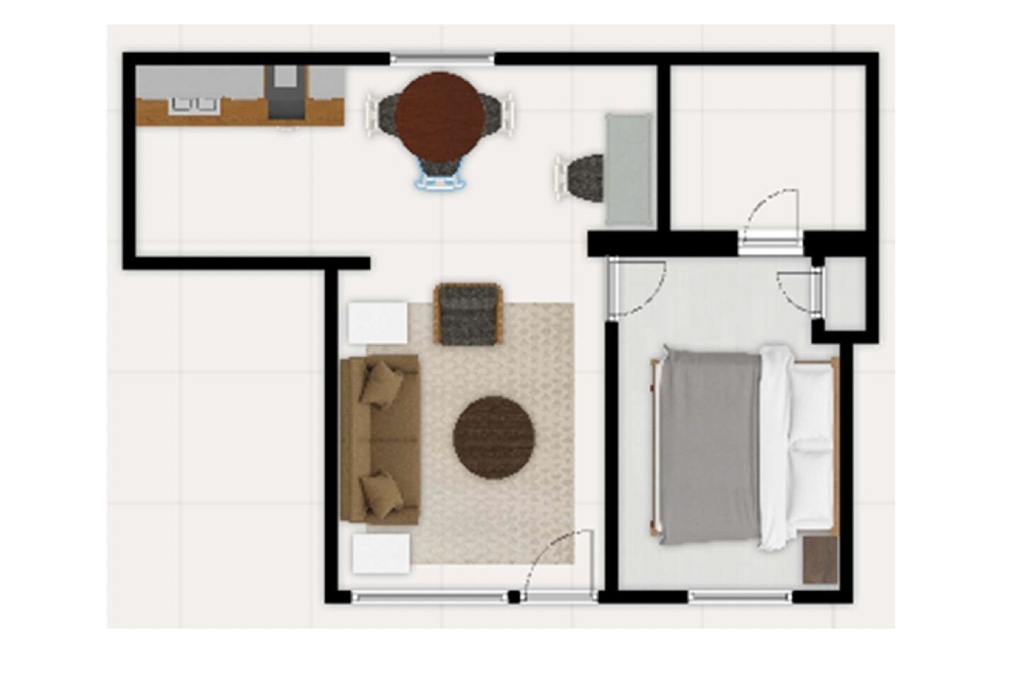 A hotel room layout with a bed, a sofa, a small round table, and a separate bathroom area.