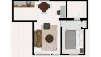 A hotel room layout with a bed, a sofa, a small round table, and a separate bathroom area.