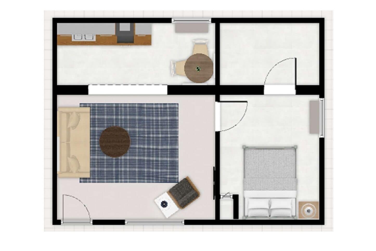 Distribución de un apartamento de dos dormitorios con cocina, comedor y sala de estar.
