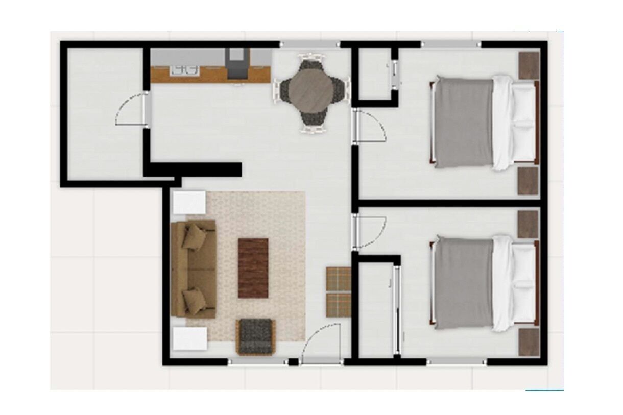 A hotel room layout with a bed, a sofa, a dining table, and a bathroom.