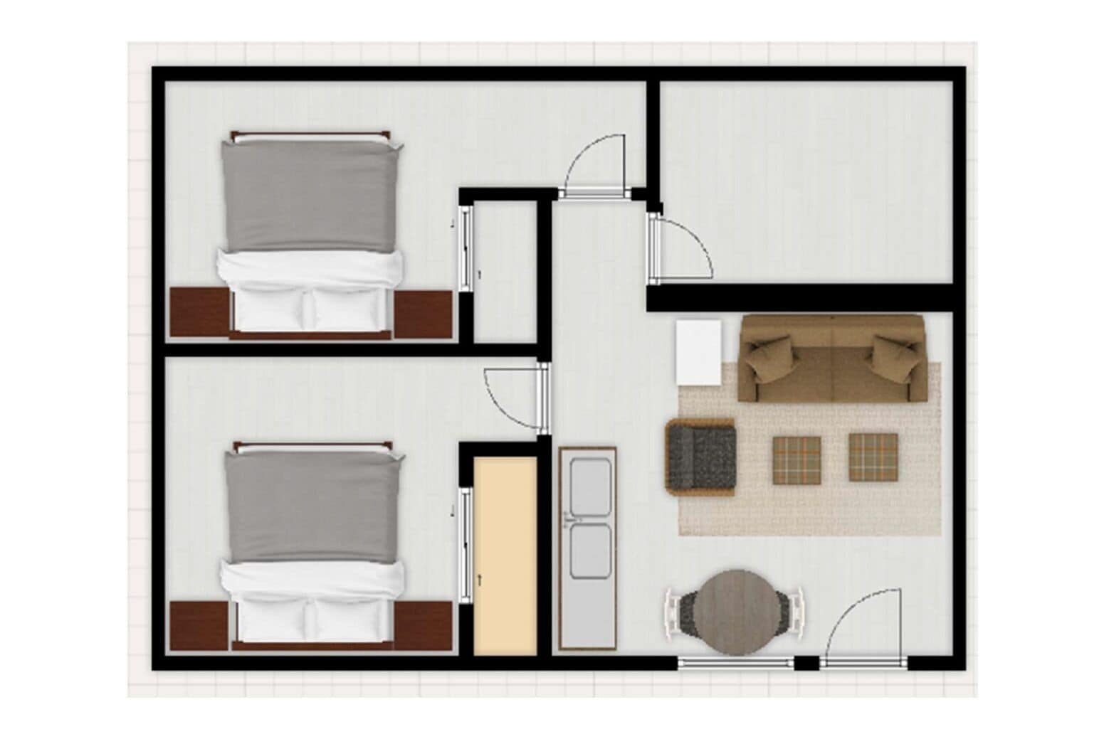 Distribución de una habitación de hotel con dos camas, un sofá, una mesita y un baño.