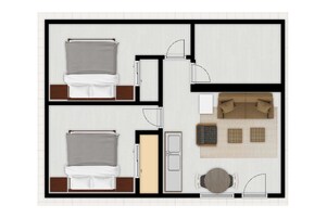 Distribución de una habitación de hotel con dos camas, un sofá, una mesita y un baño.