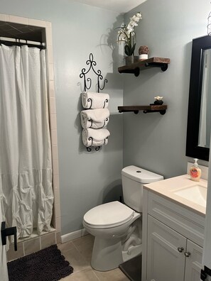 Shower, hair dryer, towels, soap