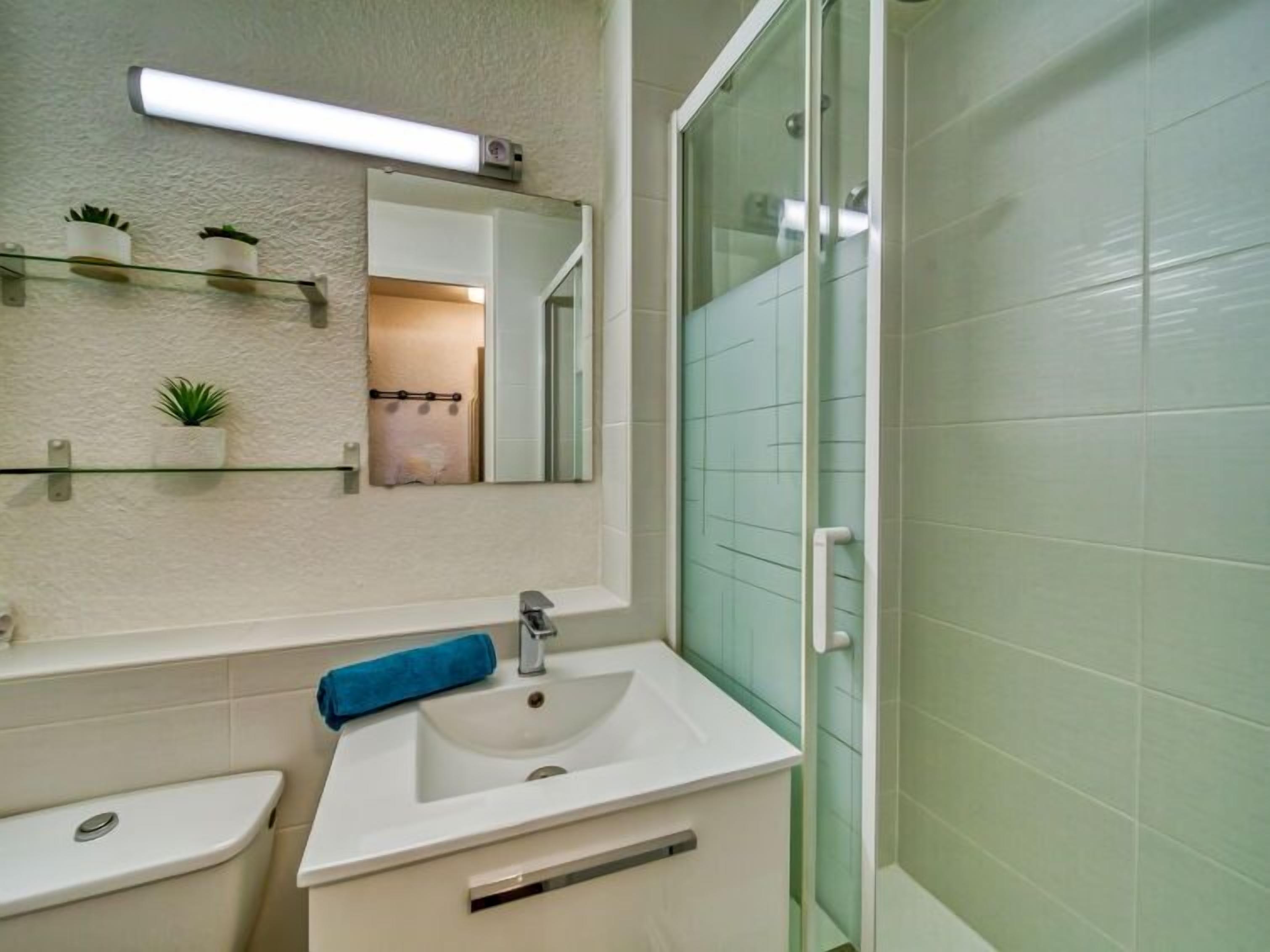 A bathroom with a white sink, a glass shower enclosure, and a mirror above the sink.