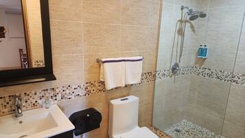 Hair dryer, towels, soap, shampoo