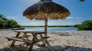 On the beach, sun loungers, beach towels