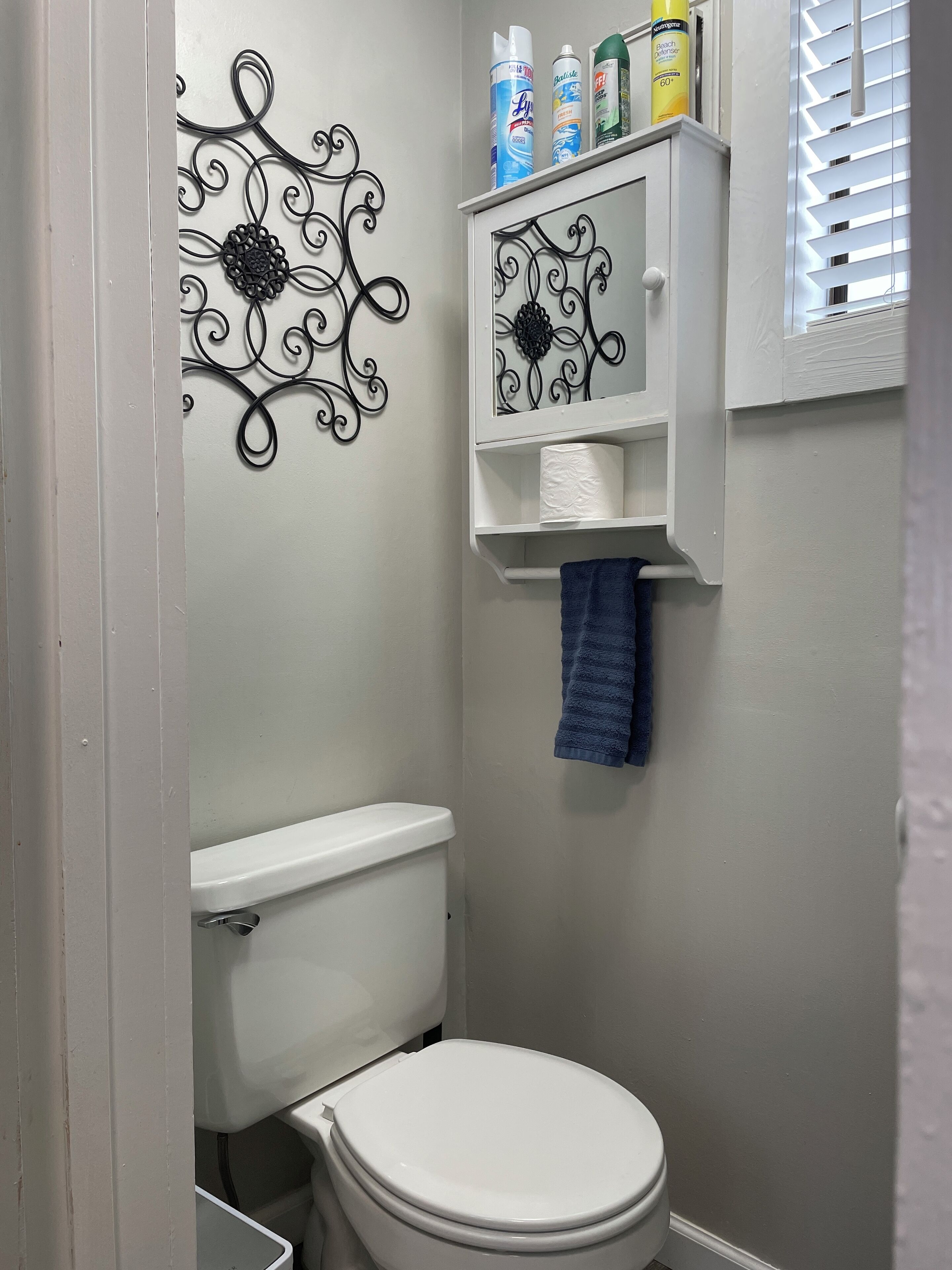 A bathroom with a toilet, a shelf with cleaning products, and a decorative metal wall piece.