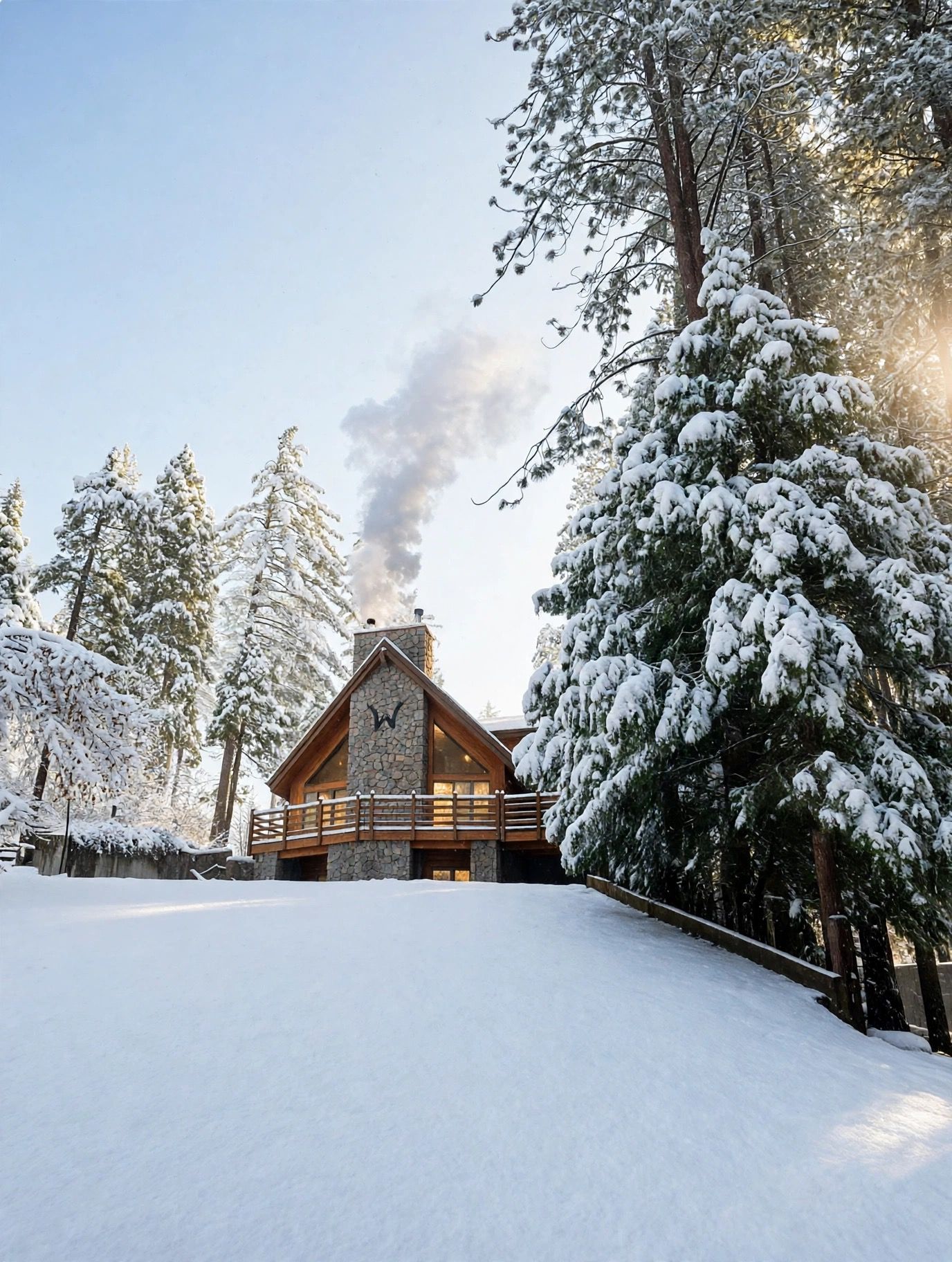 A lodge with a stone chimney, surrounded by snow-covered trees.