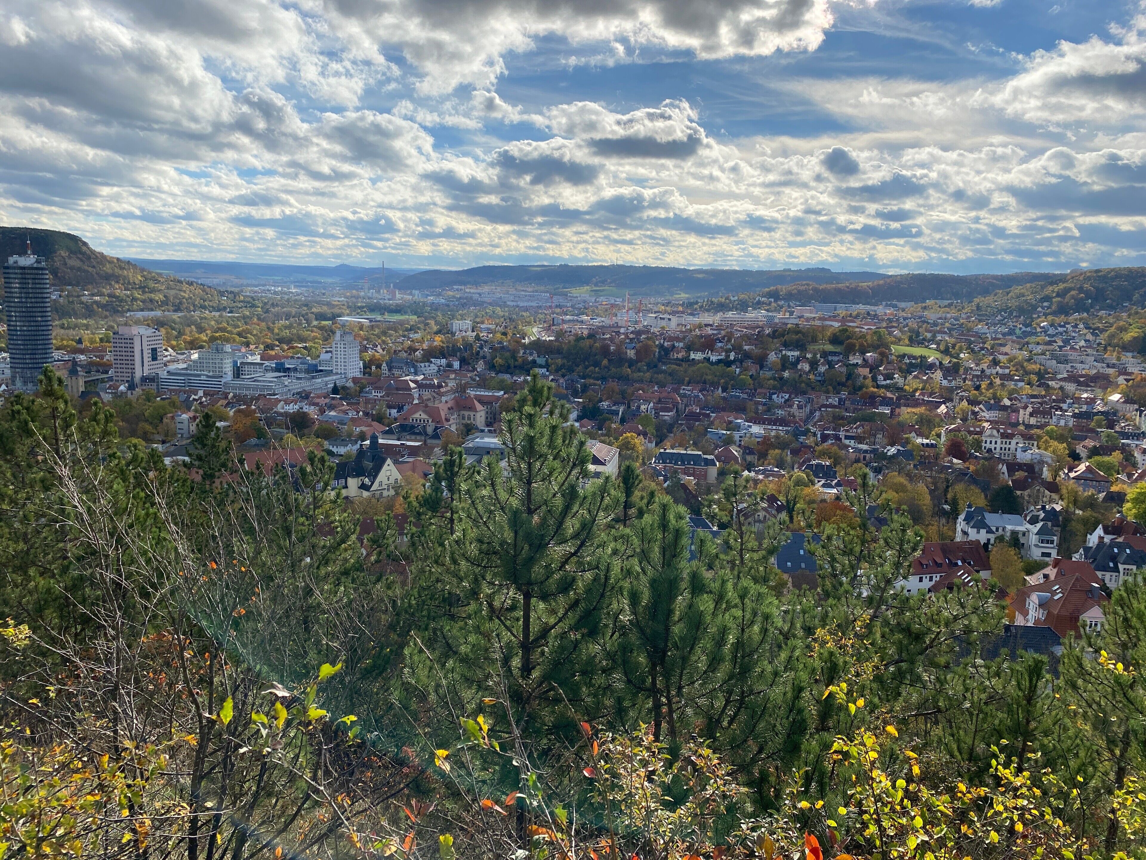 Vista panorámica de un pueblo con edificios, árboles y una colina.
