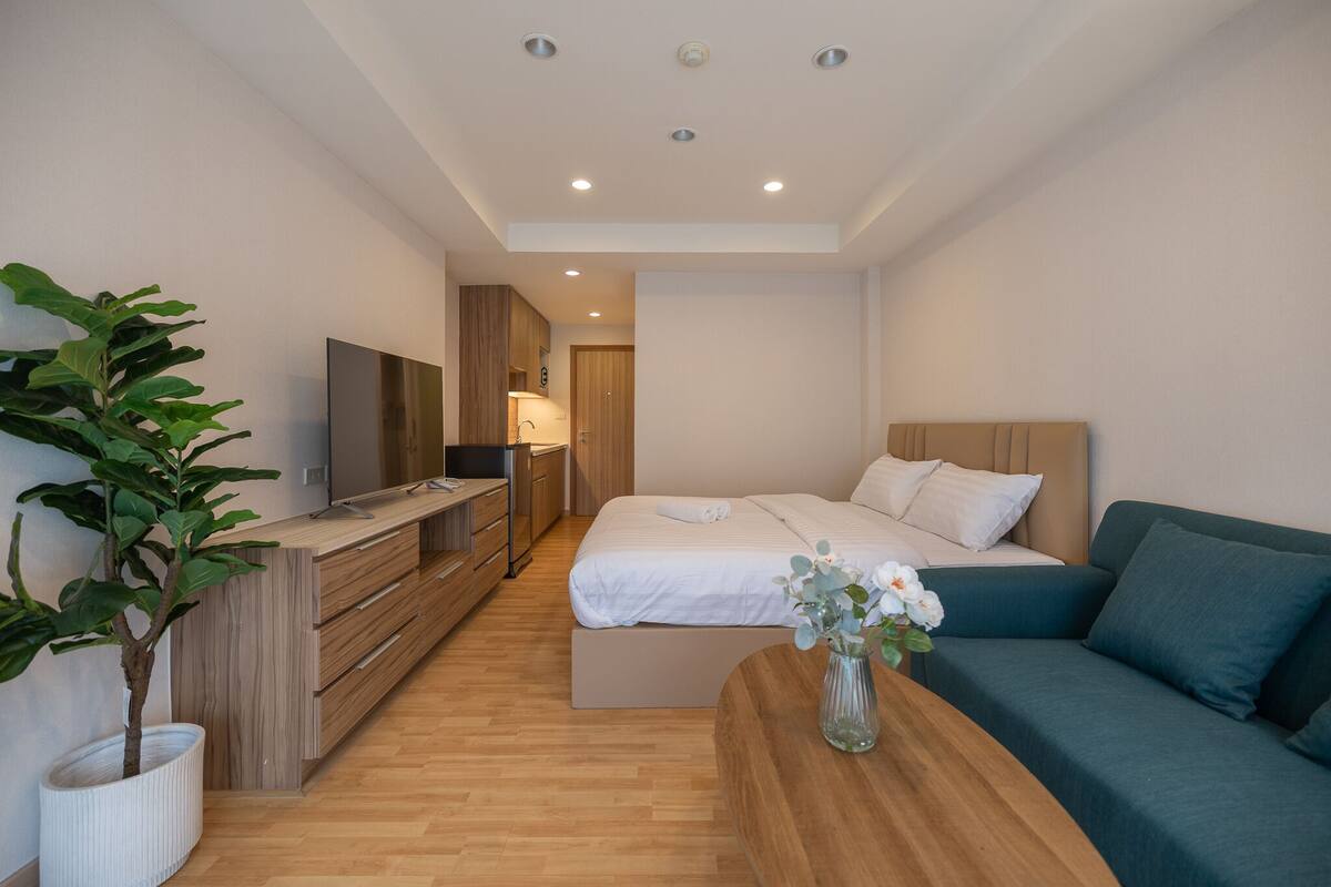 A modern bedroom with a bed, bedside table, TV, and a plant.